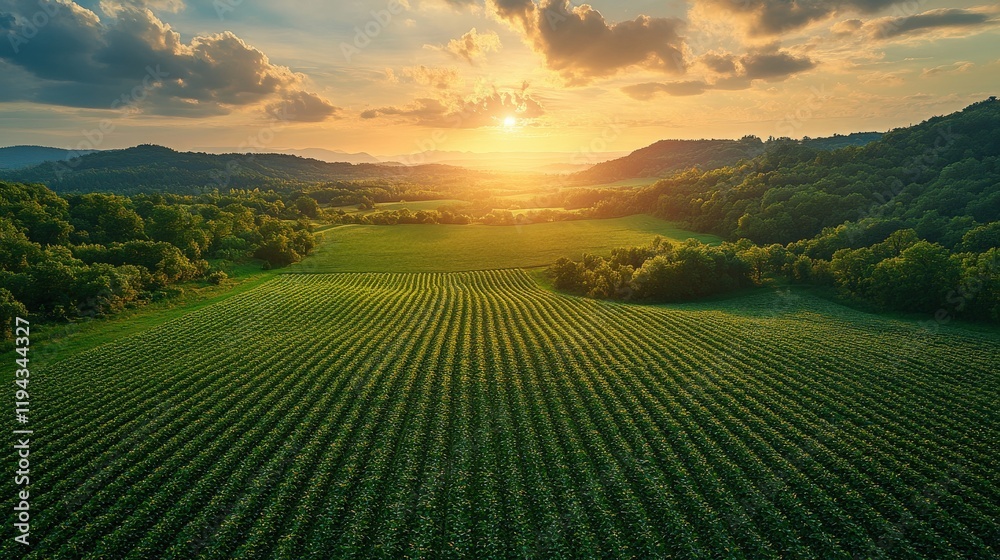 Captivating Golden Sunset Over Lush Green Fields and Rolling Hills with Vibrant Sky Displaying a Mix of Clouds and Sunlight in Tranquil Countryside Landscape Captivating Golden Sunset Over Lush Green Fields and Rolling Hills with Vibrant Sky Displaying a Mix of Clouds and Sunlight in Tranquil Countryside Landscape