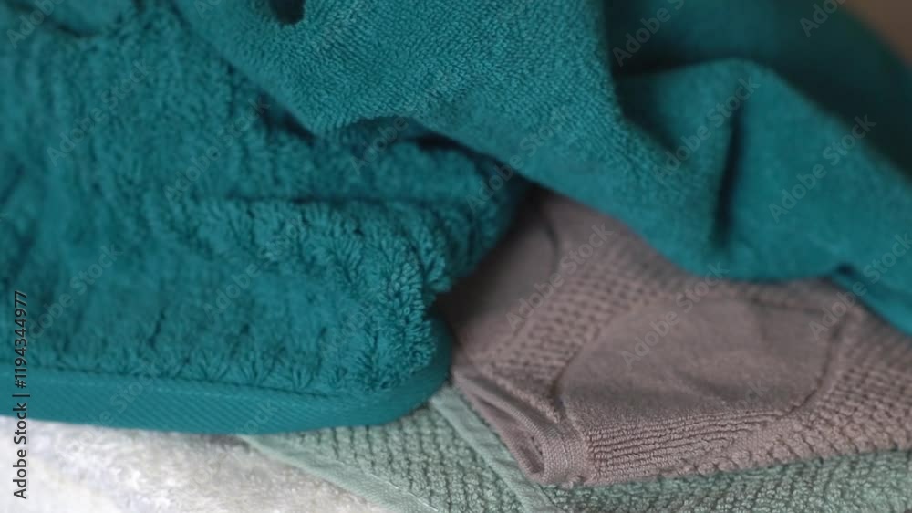 Colored terry towels are carelessly folded on a shelf. Close-up of home textiles.Towel in brown, green, beige and Mocha Mousse colors Colored terry towels are carelessly folded on a shelf. Close-up of home textiles.Towel in brown, green, beige and Mocha Mousse colors