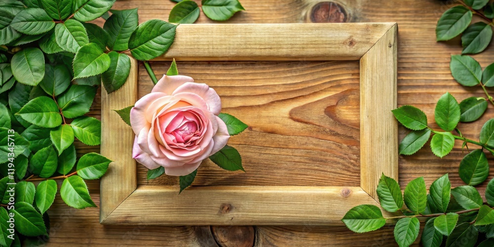 A delicate rose flower with lush green leaves framed in a natural wooden border , nature, foliage, nature A delicate rose flower with lush green leaves framed in a natural wooden border , nature, foliage, nature