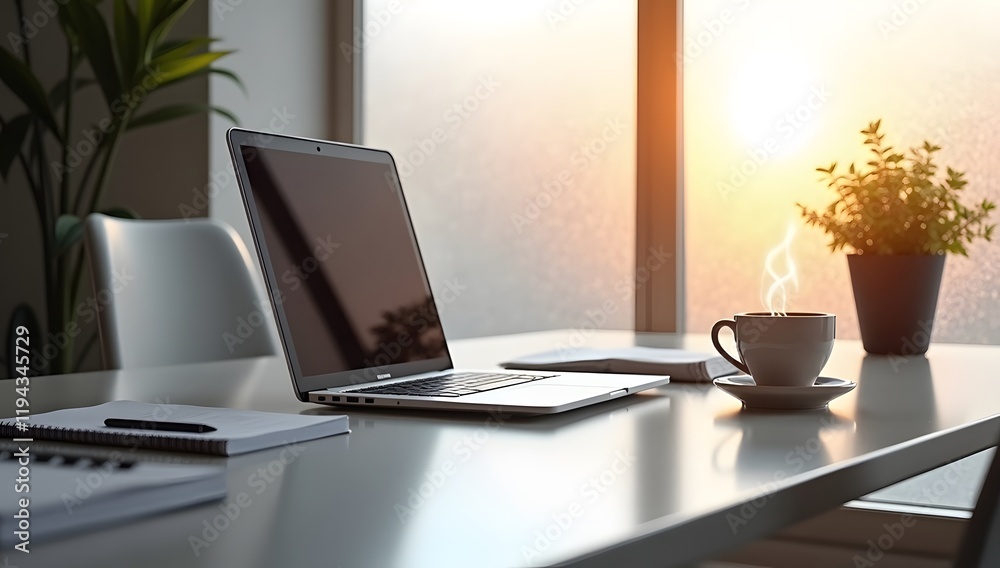 A tranquil and modern office workspace set in January, featuring minimalist decor, glowing lights, and winter views like snow-covered landscapes or frosted windows. The serene atmosphere inspires prod A tranquil and modern office workspace set in January, featuring minimalist decor, glowing lights, and winter views like snow-covered landscapes or frosted windows. The serene atmosphere inspires prod