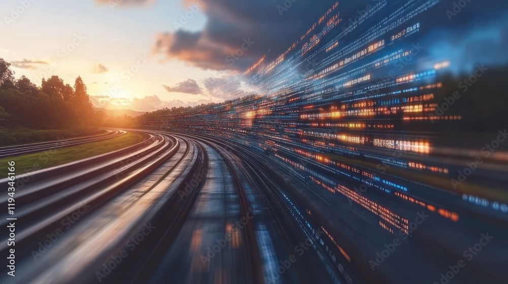 High-Speed Data Transfer on a Railway at Sunset - Innovation in Transportation and Connectivity High-Speed Data Transfer on a Railway at Sunset - Innovation in Transportation and Connectivity