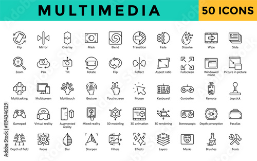 Multimedia icons set with flip, mirror, overlay, mask, blend, transition, fade, dissolve, wipe, slide icon. Simple line vector 
