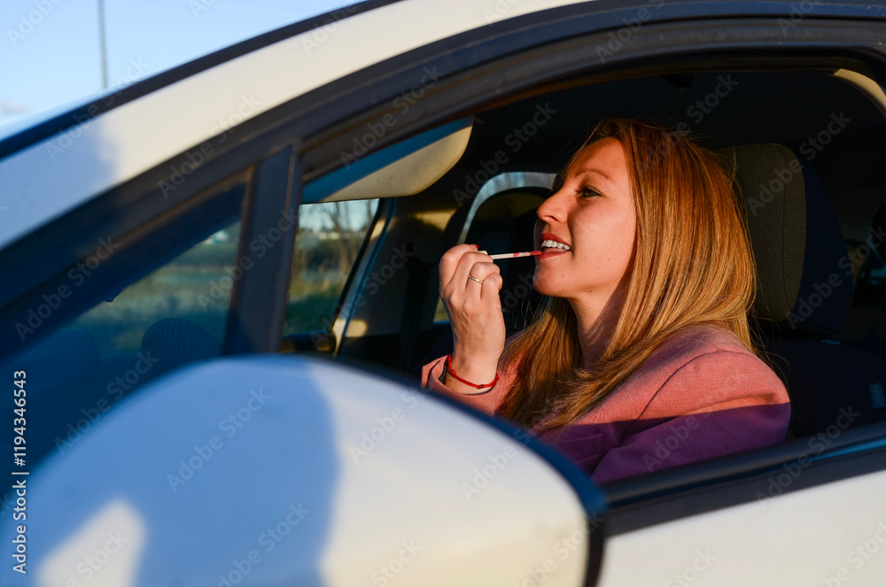 Businesswoman applying lipstick while sitting in car Businesswoman applying lipstick while sitting in car