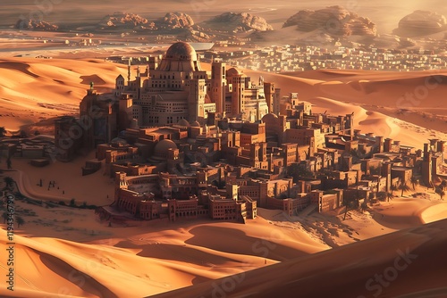 A sprawling ancient city in a vast desert landscape. Sunbaked ruins and grand structures dominate the scene, suggesting a lost civilization at sunset. The image evokes history and fantasy. photo