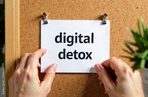 Hands pin a Digital Detox sign on a corkboard, highlighting the need for mindful tech use in daily life photo