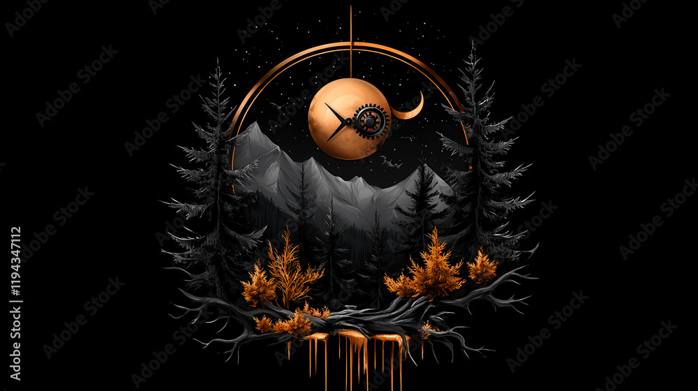 Fototapeta premium Midnight Mountains A Clockwork Moon in the Pines