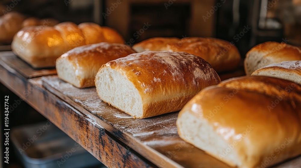 Freshly Baked Loaves of Soft Bread on Wooden Shelves in a Factory Bakery Setting Freshly Baked Loaves of Soft Bread on Wooden Shelves in a Factory Bakery Setting