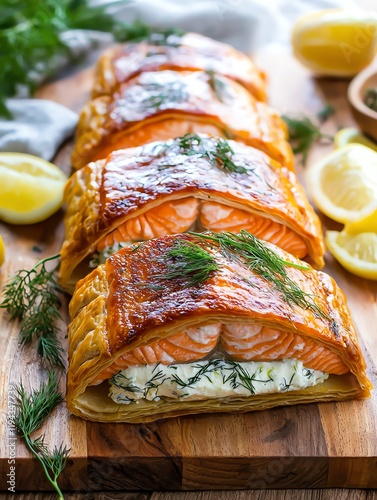 A beautifully arranged salmon en croute, featuring flaky pastry, fresh dill, and lemon slices on a wooden board.