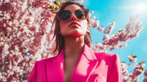 A fashionable woman in a hot pink blazer and elegant sunglasses walking through a park filled with cherry blossoms, with a vibrant blue sky and the sun casting a warm glow. Ai generated (1)