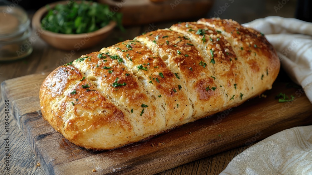 Rustic Homemade Bread Loaf with Herbs on Wooden Cutting Board in Cozy Kitchen Setting Rustic Homemade Bread Loaf with Herbs on Wooden Cutting Board in Cozy Kitchen Setting