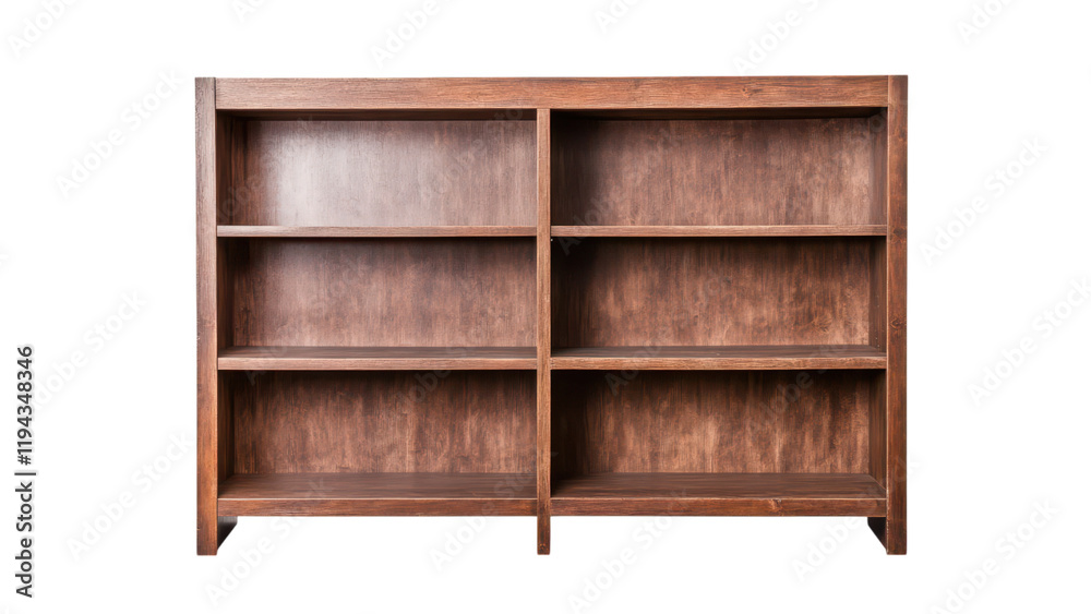 Blank wooden shelf concept. Wooden bookshelf with multiple open shelves on transparent background. Blank wooden shelf concept. Wooden bookshelf with multiple open shelves on transparent background.