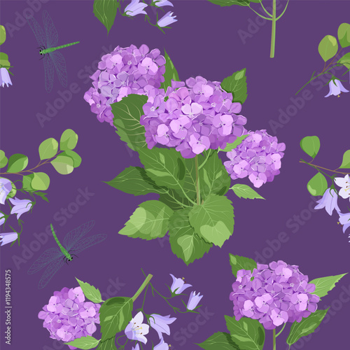 Seamless vector illustration with campanula, hydrangea and dragonflies on a purple background. For decorating textiles, packaging, paper.