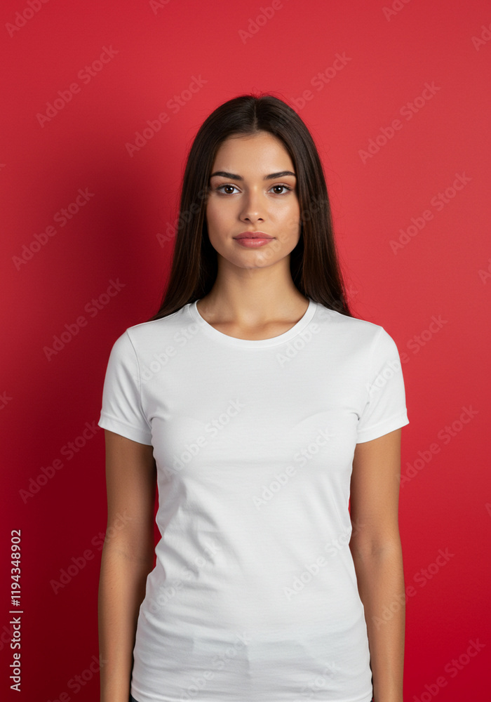 Plain White T-Shirt Mockup on Female Model, Front View Red Background Plain White T-Shirt Mockup on Female Model, Front View Red Background