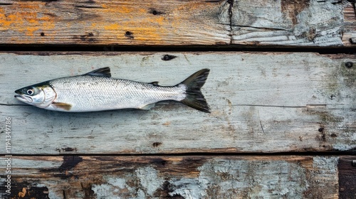 Freshly caught grayling fish displayed on rustic weathered wooden planks showcasing natural textures and earthy tones. photo