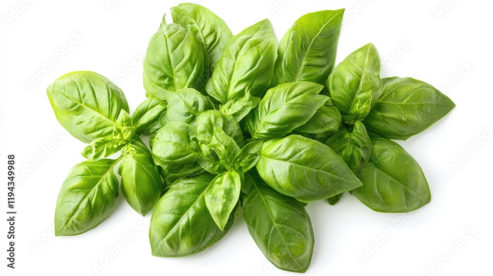 Fresh and vibrant Greek basil herb bouquet isolated on white background showcasing lush green leaves from top view perspective Fresh and vibrant Greek basil herb bouquet isolated on white background showcasing lush green leaves from top view perspective