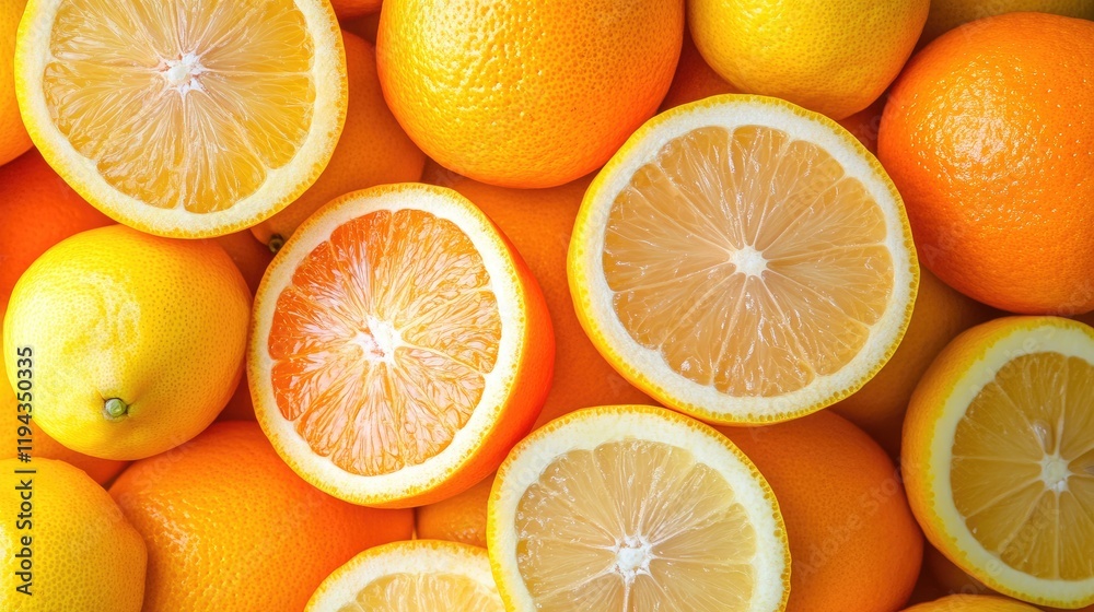 Fototapeta premium Freshly sliced and whole lemons and oranges arranged beautifully for a vibrant fruit display