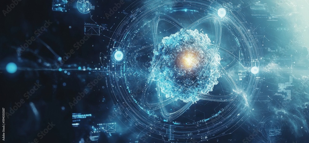 Fototapeta premium Futuristic digital background with glowing atom and data elements