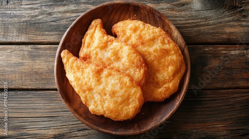 Golden crispy fried bread served in a rustic wooden bowl on a textured wooden surface ideal for food photography and culinary themes photo