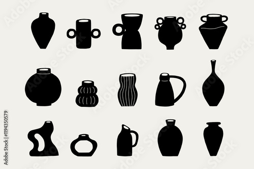 Hand Drawn Set Greek Organic Ceramic Vases Black Silhouette. Pottery Shape Silhouette Collection Decor Elements. Vector Illustration