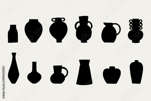 Set Greek Organic Ceramic Vases Black Silhouette. Pottery Shape Collection Decor Elements. Vector Illustration