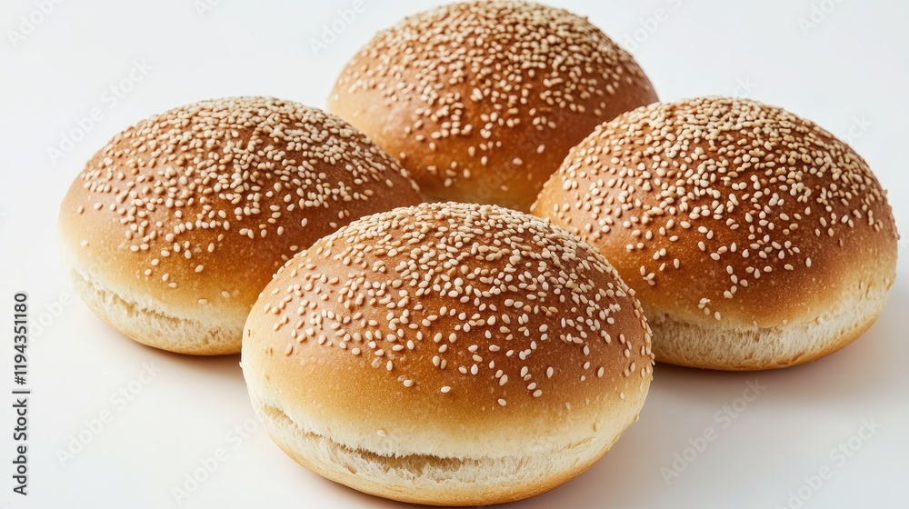Freshly baked golden sesame seed hamburger buns arranged on a white background perfect for food advertisements or recipe presentations. Freshly baked golden sesame seed hamburger buns arranged on a white background perfect for food advertisements or recipe presentations.