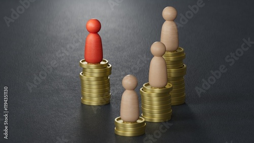 Low and high salaries, business competition, personal financial success.Leadership with business success concept. 3D rendering on black background.