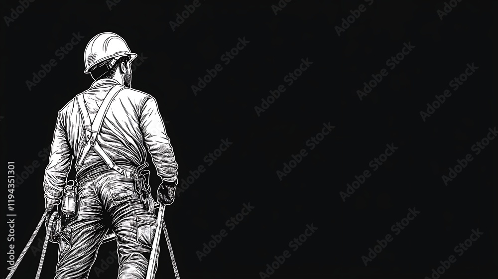 Fototapeta premium Electrician Fixing Wires on Ladder, Performing Electrical Work, Safety Gear, Professional Electrician in Action, High-Altitude Repair Job, Working at Height