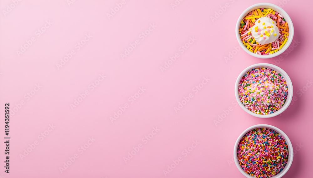 Colorful sprinkles in bowls on pink background, flat lay with space for text. Confectionery decor Colorful sprinkles in bowls on pink background, flat lay with space for text. Confectionery decor