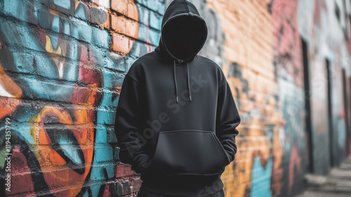 A man wearing a blank black long-sleeved hoodie stands confidently against a graffiti-covered wall, showcasing the versatility of streetwear fashion. Ai generated (1)