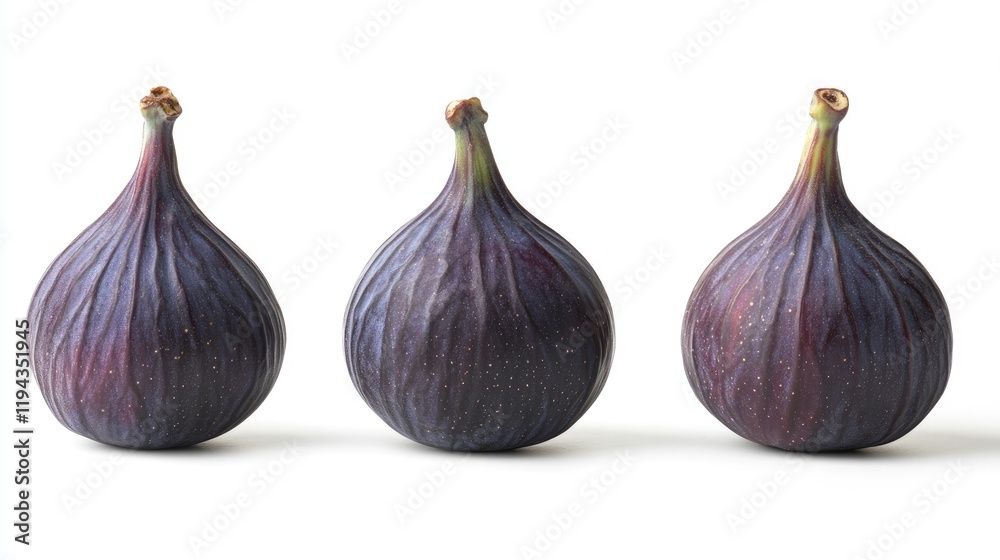 Obraz premium Fresh ripe figs arranged in a row on a white background showcasing their unique texture and color for culinary or health-related use.