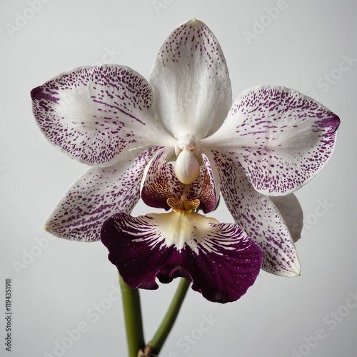 A close-up of a single orchid bloom with rich purple and white toneA vibrant bouquet of tropical flowers, including heliconia and plumeria, on white.s on white. photo