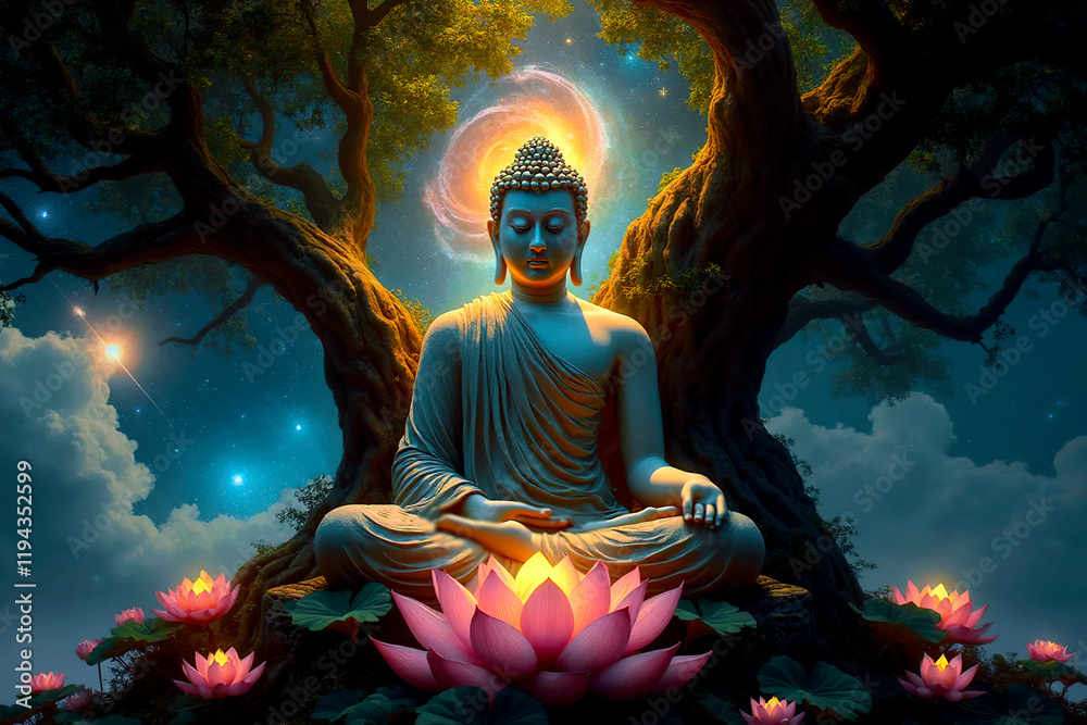 Buddhist Monk Meditating under tree near lotus flower. Buddha statue sitting in yoga pose. magical garden in universe, cosmic energy behind man. glowing aura power around, in an ancient Night scene. Buddhist Monk Meditating under tree near lotus flower. Buddha statue sitting in yoga pose. magical garden in universe, cosmic energy behind man. glowing aura power around, in an ancient Night scene.