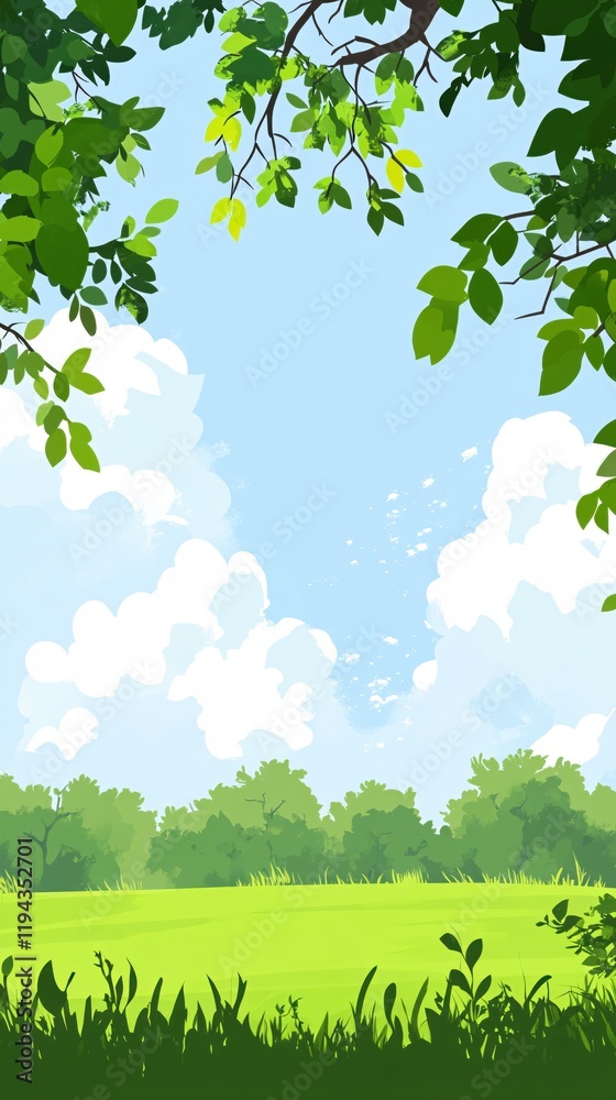 Fototapeta premium Serene Summer Landscape Peaceful Green Meadow Under Blue Sky Lush Foliage