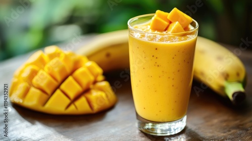 Tropical smoothie with mango and banana garnished with fresh fruit in a glass on wooden surface perfect for healthy recipes and beverages photo