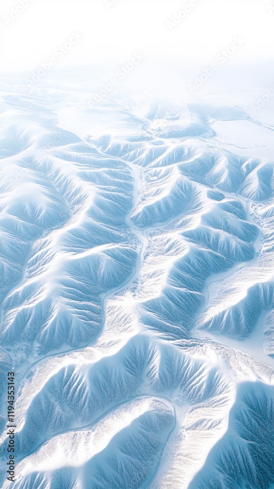 Fototapeta premium Aerial View of Serene Winter Landscape Snow Covered Hills and Valleys