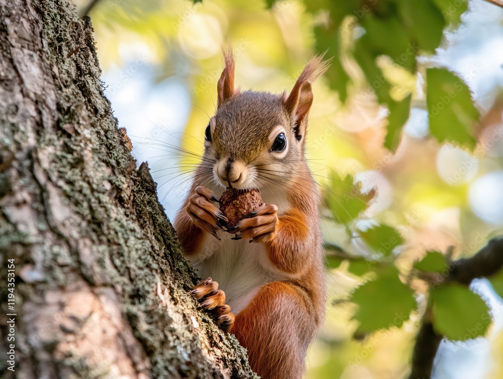 Adorable Red Squirrel Enjoying a Nut on a Tree Trunk in a Sunny Forest Adorable Red Squirrel Enjoying a Nut on a Tree Trunk in a Sunny Forest