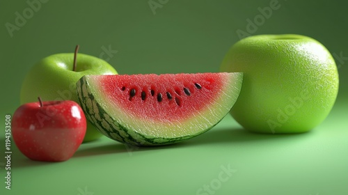 Vibrant Still Life: Watermelon, Apples, and a Green Background
