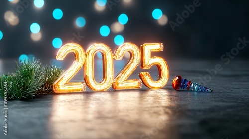 2025 texture concept. New year celebration theme with glowing 2025 numbers and festive decor.