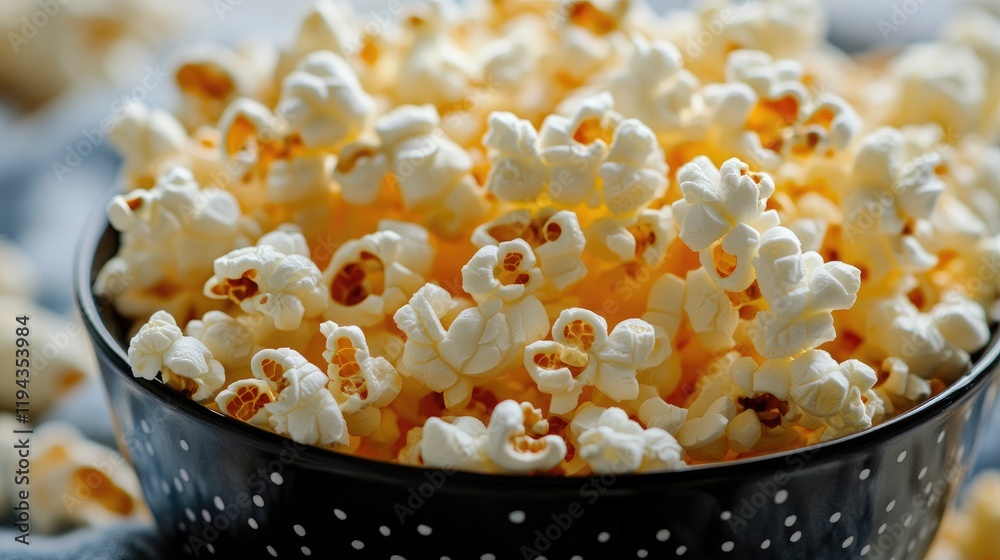 Golden popcorn served in a black bowl, perfect for snacking during movie nights or celebrations with friends and family. Golden popcorn served in a black bowl, perfect for snacking during movie nights or celebrations with friends and family.