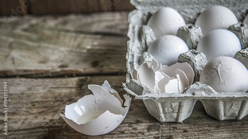 Empty egg carton on rustic wooden table with cracked eggshell, symbolizing food scarcity and supply chain challenges in modern agriculture and economy. photo