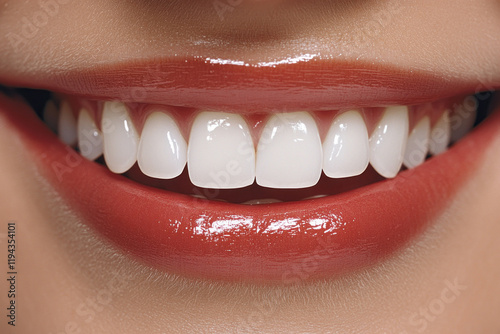 Woman's bright smile showcasing white teeth in front of a sunny beach backdrop.