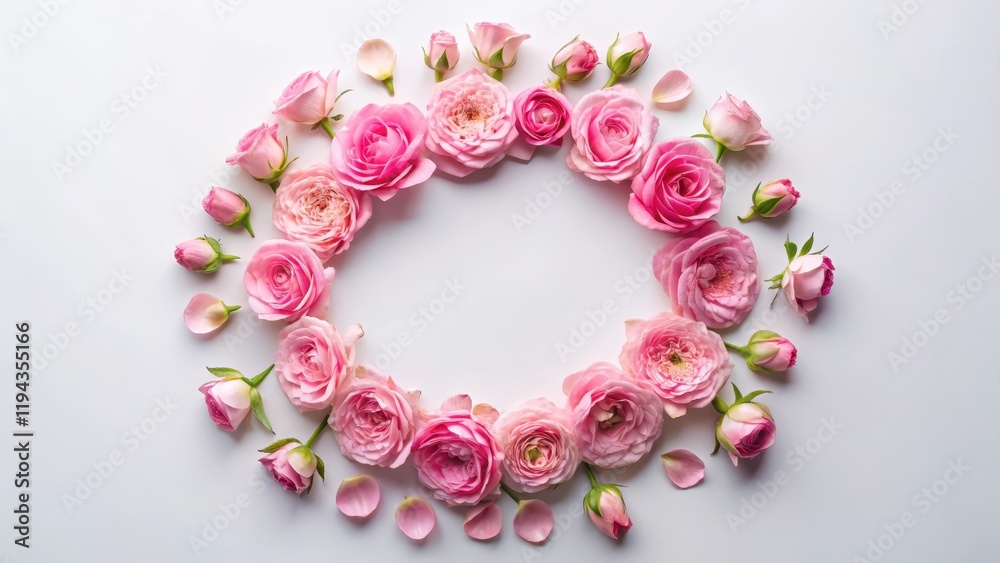 Soft petals of rose flower arranged in a circular pattern on a white background, beautiful pink flowers, nature photography