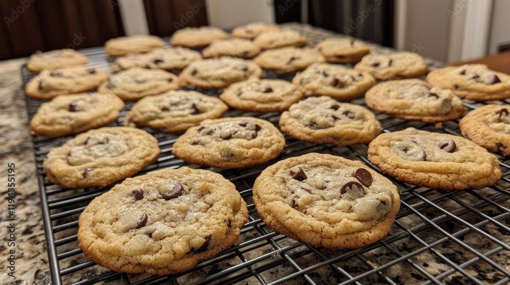 Freshly Baked Chocolate Chip Cookies Cooling on a Wire Rack in a Home Kitchen Setting Freshly Baked Chocolate Chip Cookies Cooling on a Wire Rack in a Home Kitchen Setting