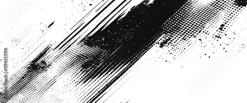Vector black Ink splatter brush stroke on white halftone dots abstract background	