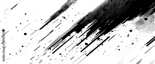 Vector black Ink splatter brush stroke on white halftone dots abstract background	