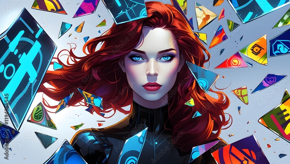Obraz premium A futuristic portrait features a woman surrounded by digital shards, displaying various tech symbols.