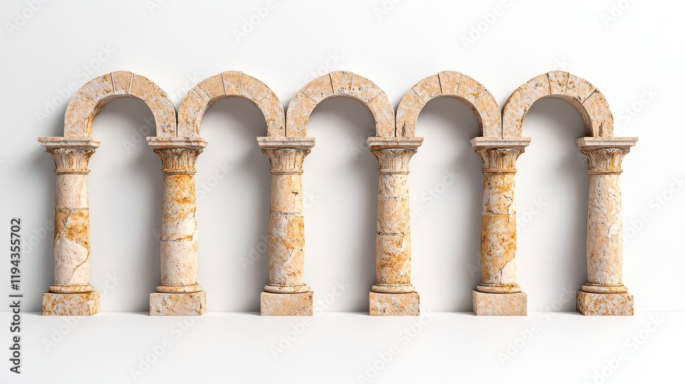 Fototapeta premium A photostock of a line of ornate Roman stone arches, isolated on a clean white background, historical and architectural, High Quality