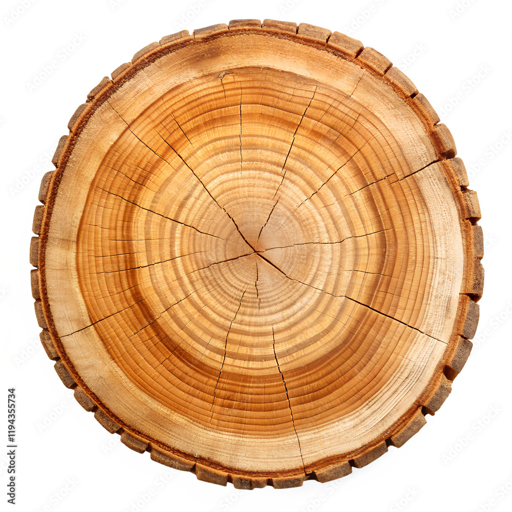 Fototapeta premium A detailed overhead shot of a tree cross-section, showcasing its concentric growth rings and textured surface. The wood is light brown, exhibiting natural cracks and variations.