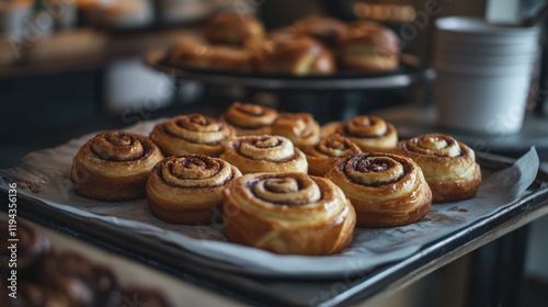 Freshly baked cinnamon rolls arranged on a tray with a warm and inviting background ready to be served in a cozy bakery setting photo