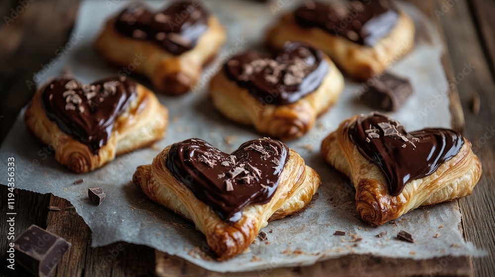 Heart-Shaped Chocolate Croissants on Rustic Wooden Table with Chocolate Chunks and Soft Lighting